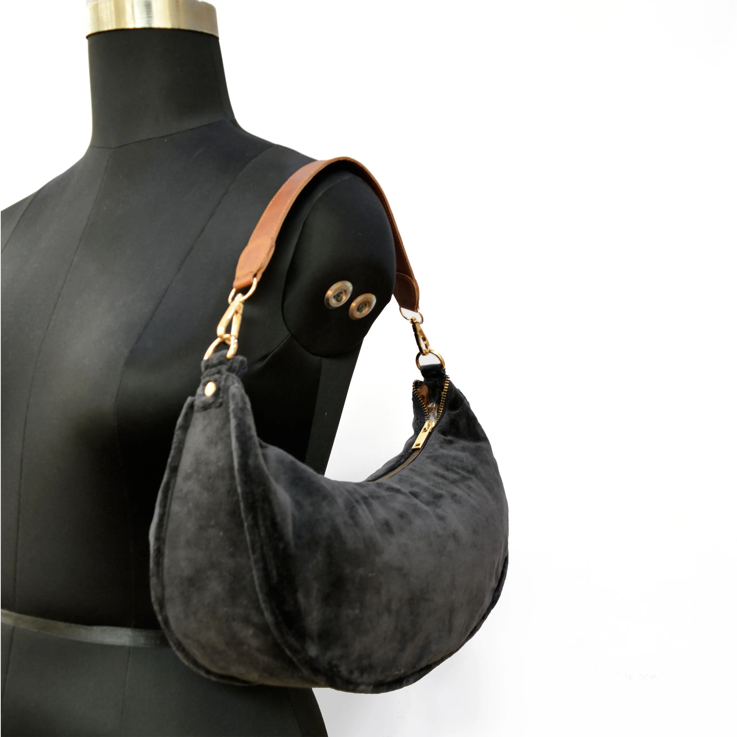 BLACK VELVET half moon crescent purse, reversible, detachable embroidered leather handles, 13(w)X6.5(ht) inches