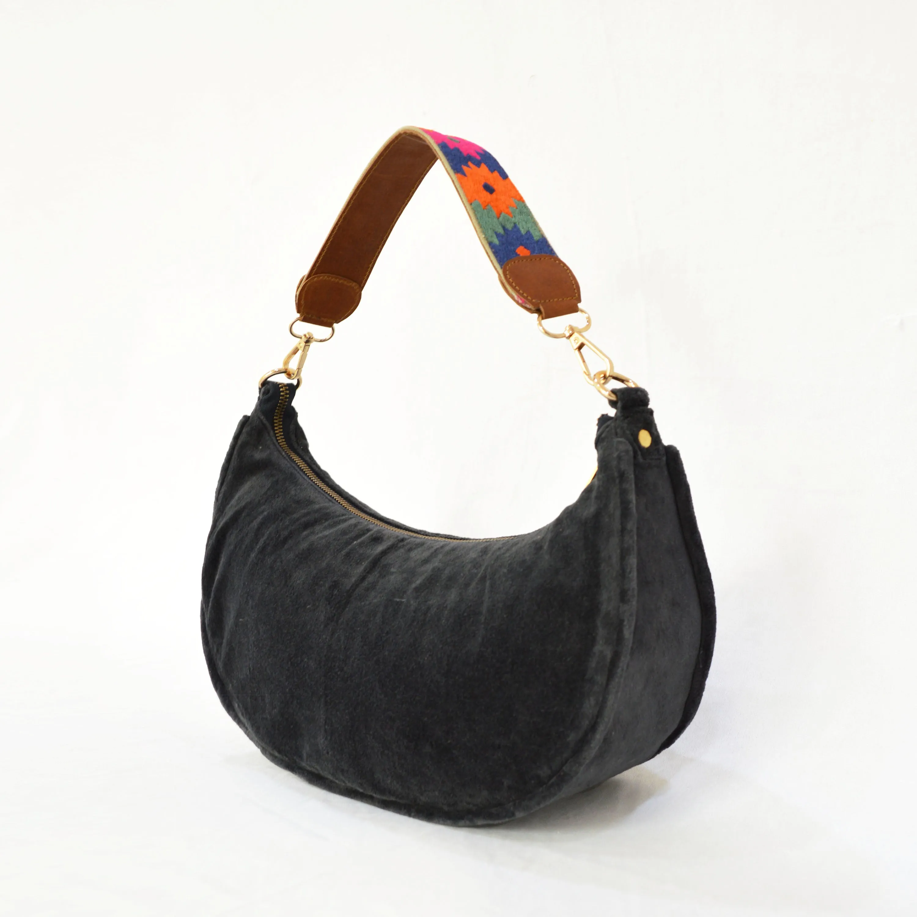 BLACK VELVET half moon crescent purse, reversible, detachable embroidered leather handles, 13(w)X6.5(ht) inches