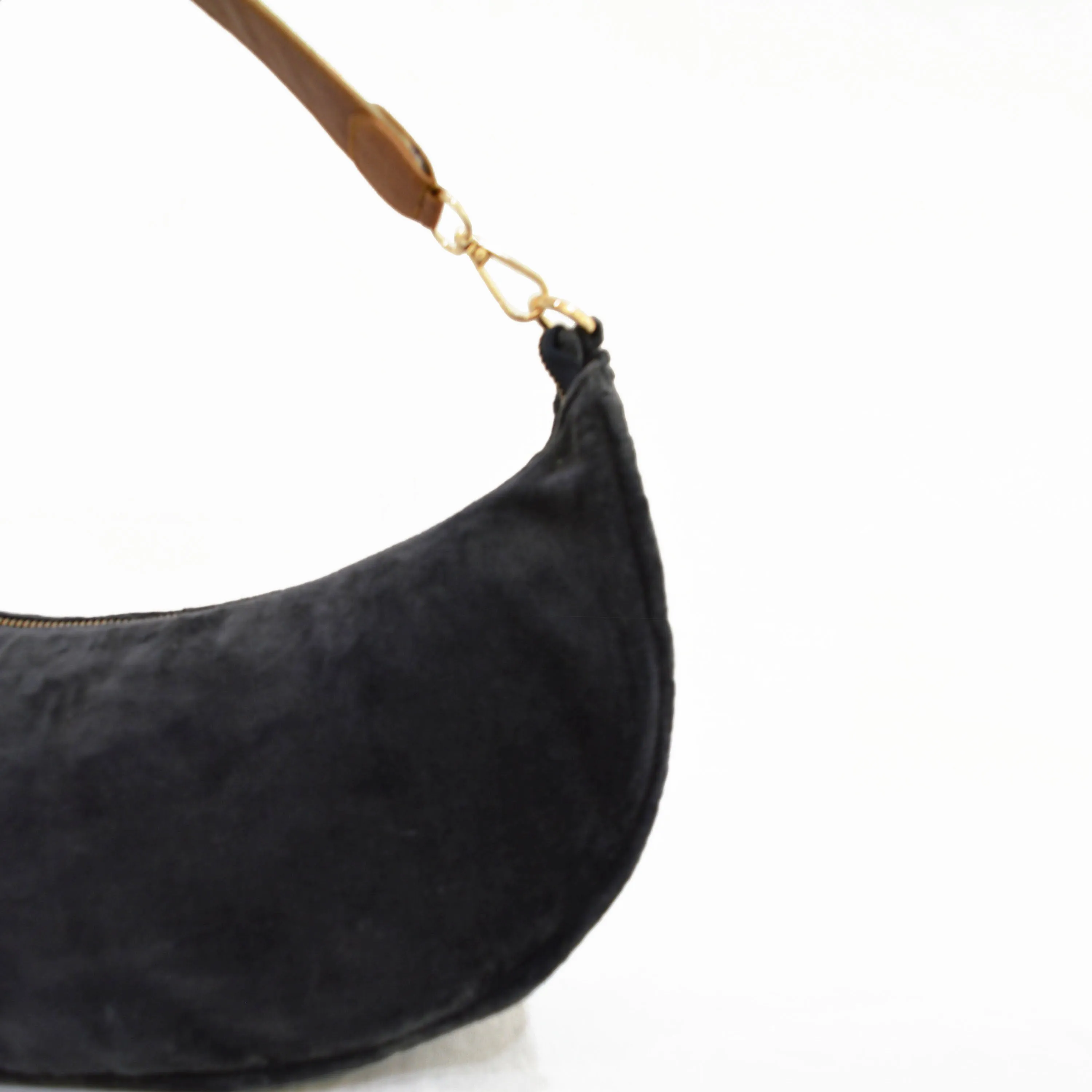 BLACK VELVET half moon crescent purse, reversible, detachable embroidered leather handles, 13(w)X6.5(ht) inches