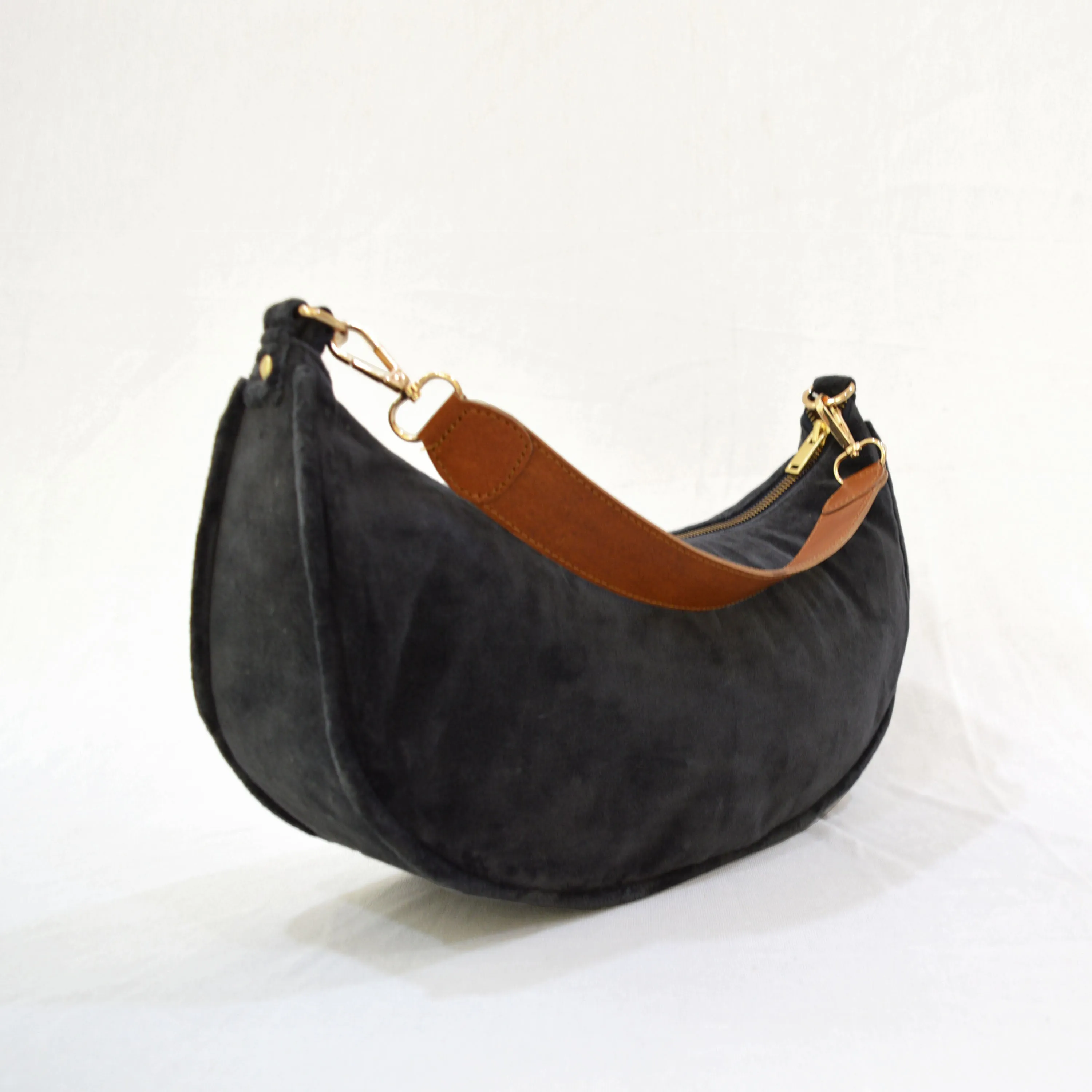 BLACK VELVET half moon crescent purse, reversible, detachable embroidered leather handles, 13(w)X6.5(ht) inches