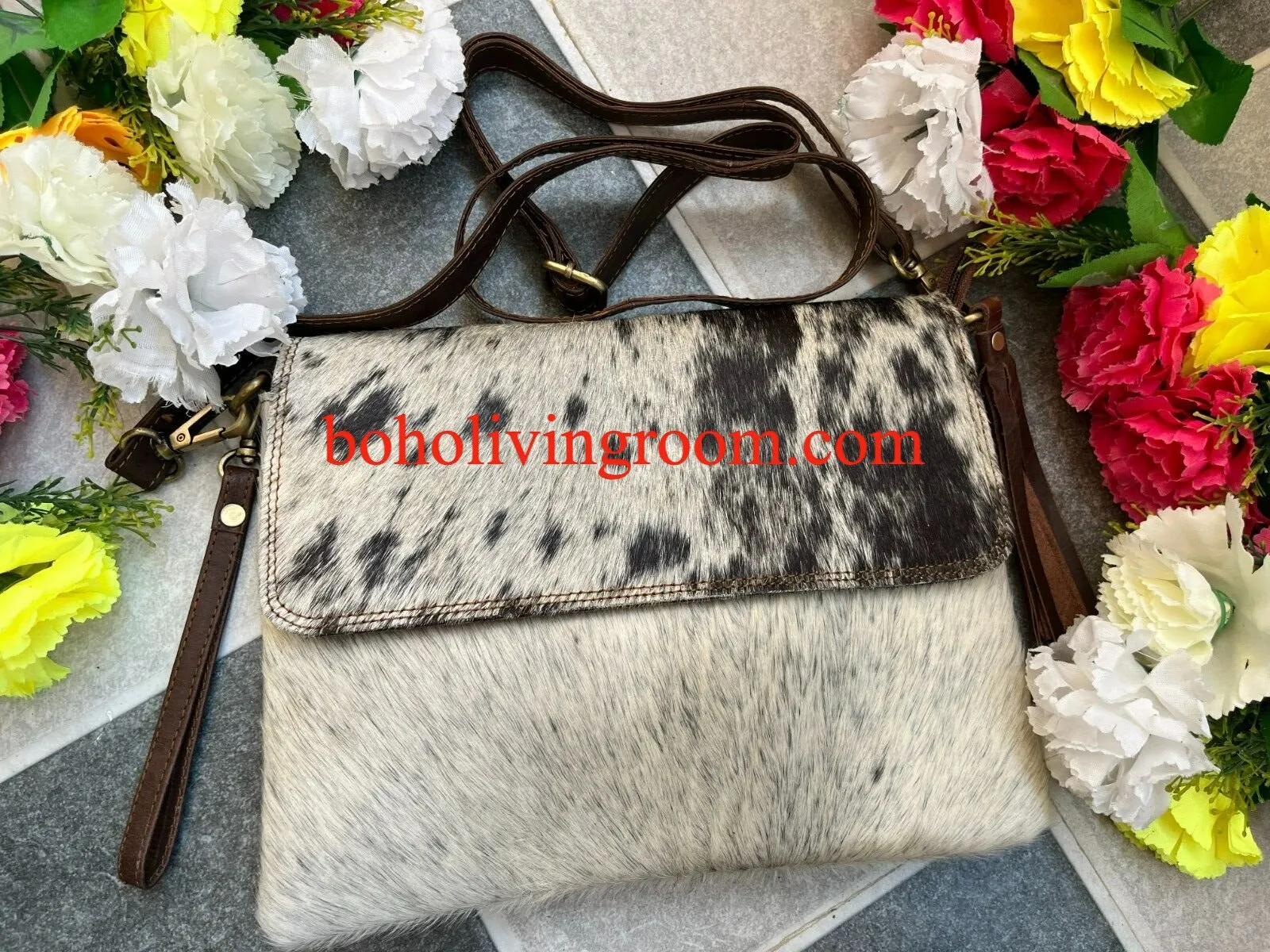 Black White Cowhide Sling Purse