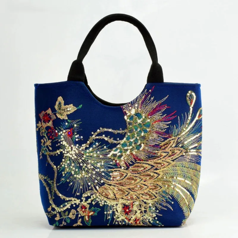 Bohemian Peacock Embroidered Canvas Tote