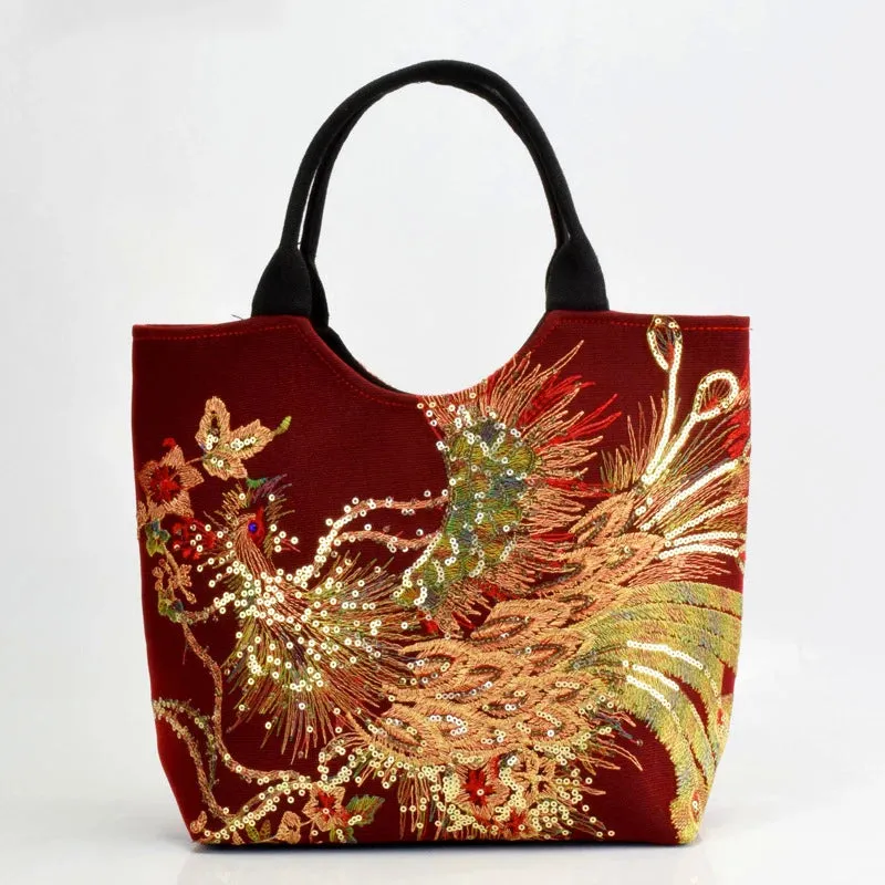 Bohemian Peacock Embroidered Canvas Tote