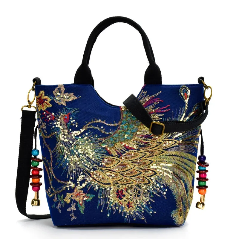 Bohemian Peacock Embroidered Canvas Tote