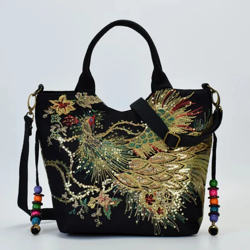 Bohemian Peacock Embroidered Canvas Tote