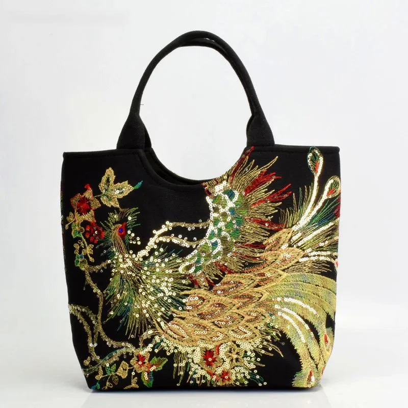 Bohemian Peacock Embroidered Canvas Tote