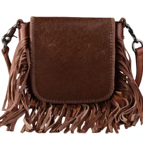 Brown Genuine Leather Hair-On Fringe Crossbody - RLC-L161BR
