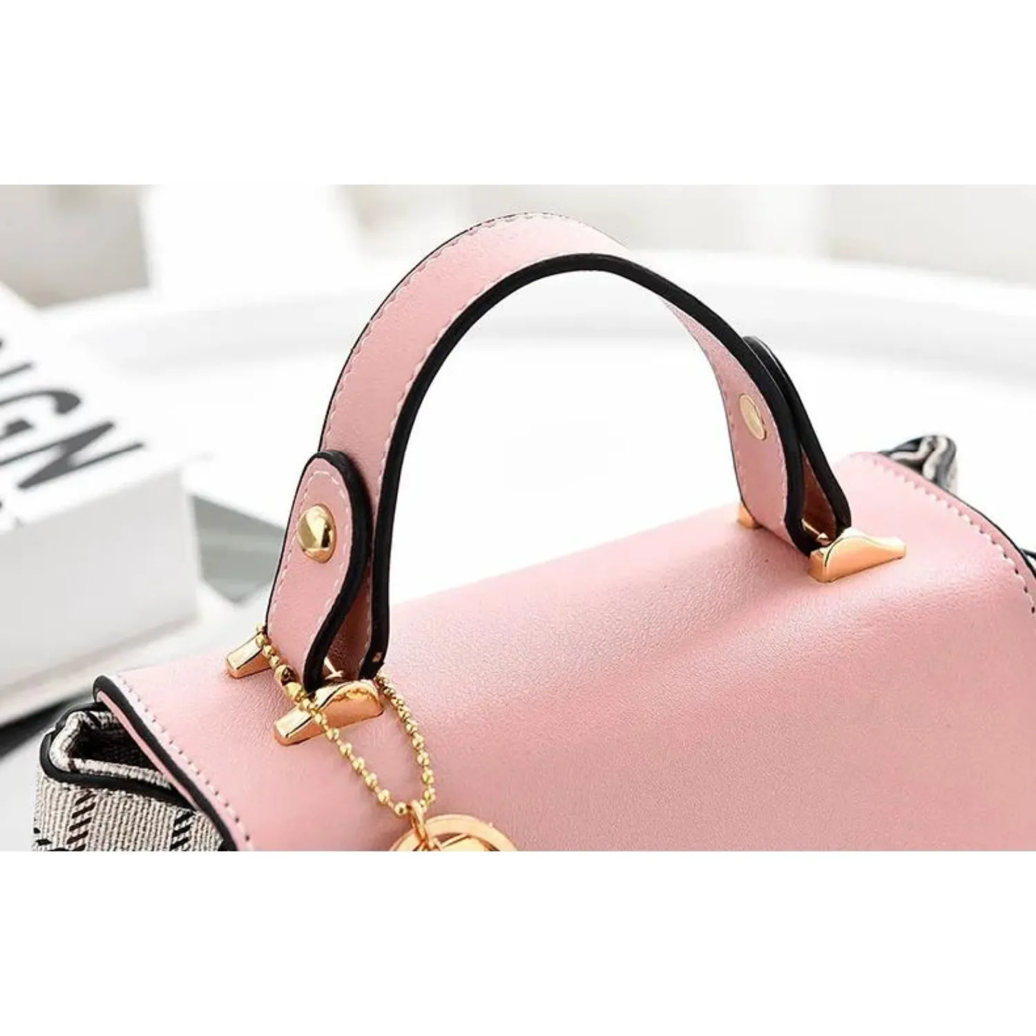 Chic Plaid Pattern Handbag with Charm Accents