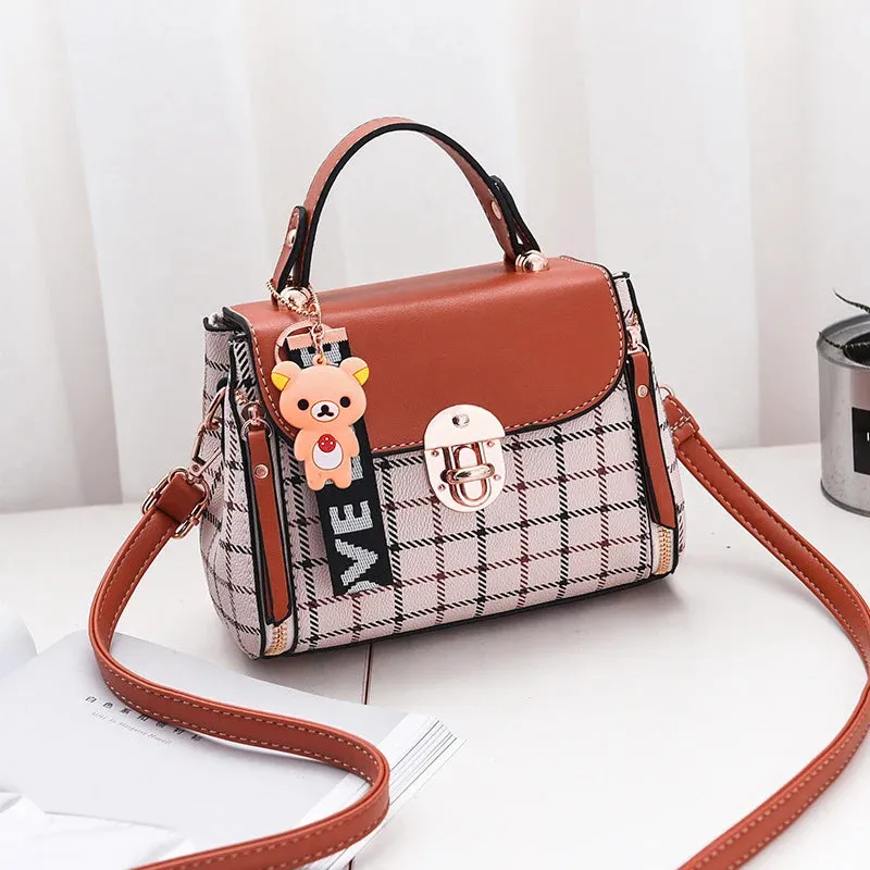 Chic Plaid Pattern Handbag with Charm Accents