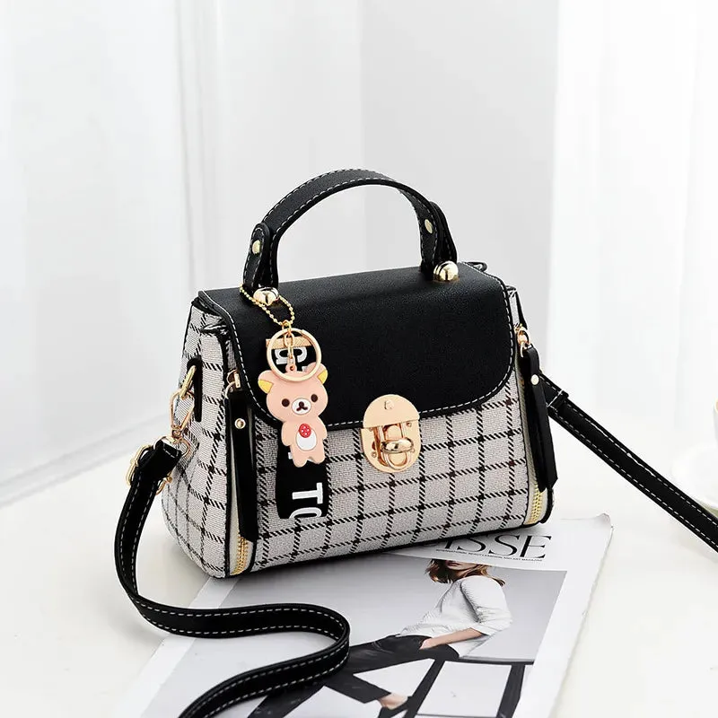 Chic Plaid Pattern Handbag with Charm Accents