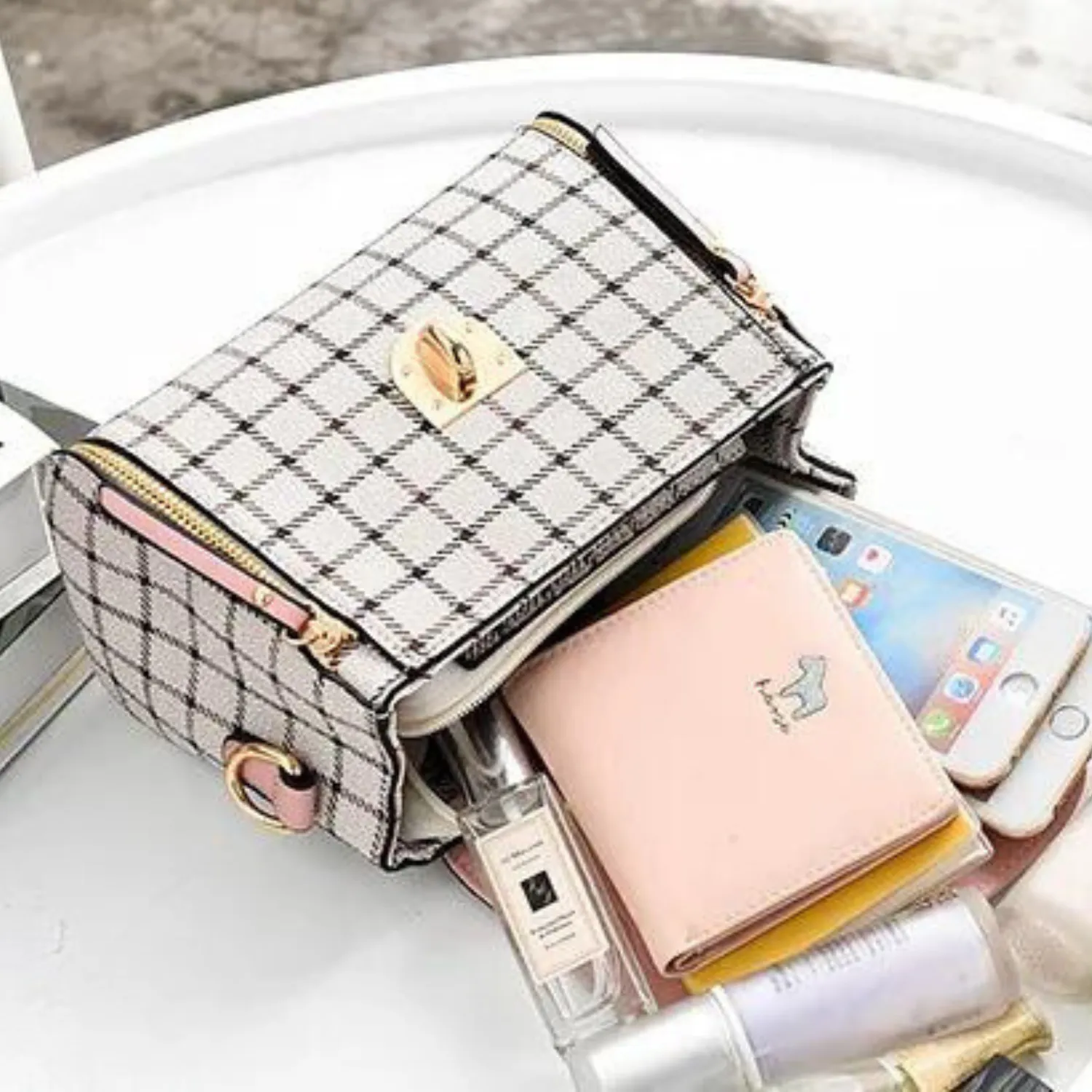 Chic Plaid Pattern Handbag with Charm Accents