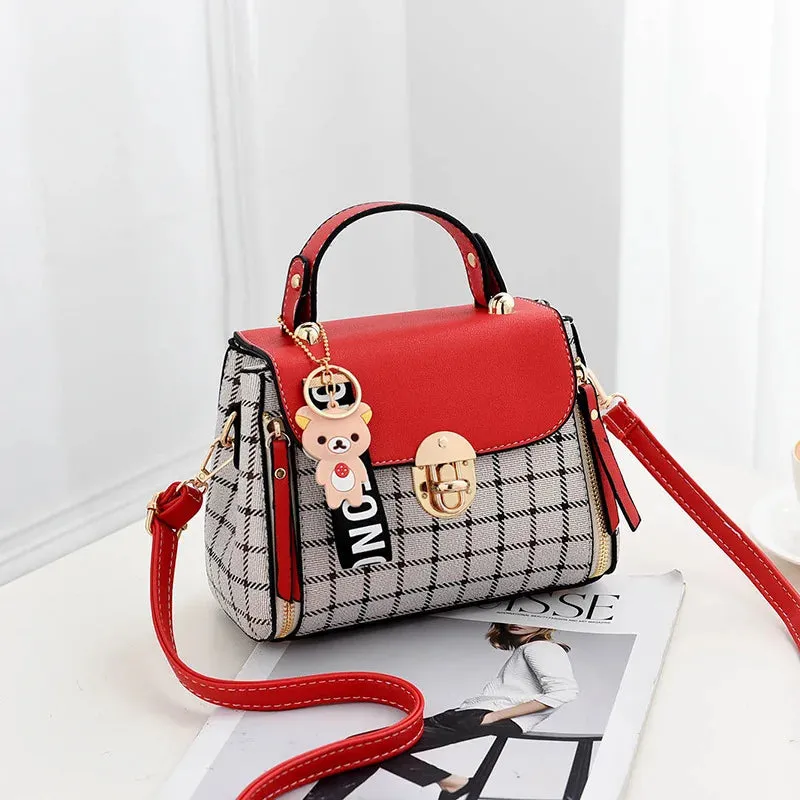 Chic Plaid Pattern Handbag with Charm Accents