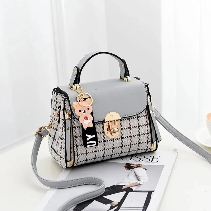 Chic Plaid Pattern Handbag with Charm Accents