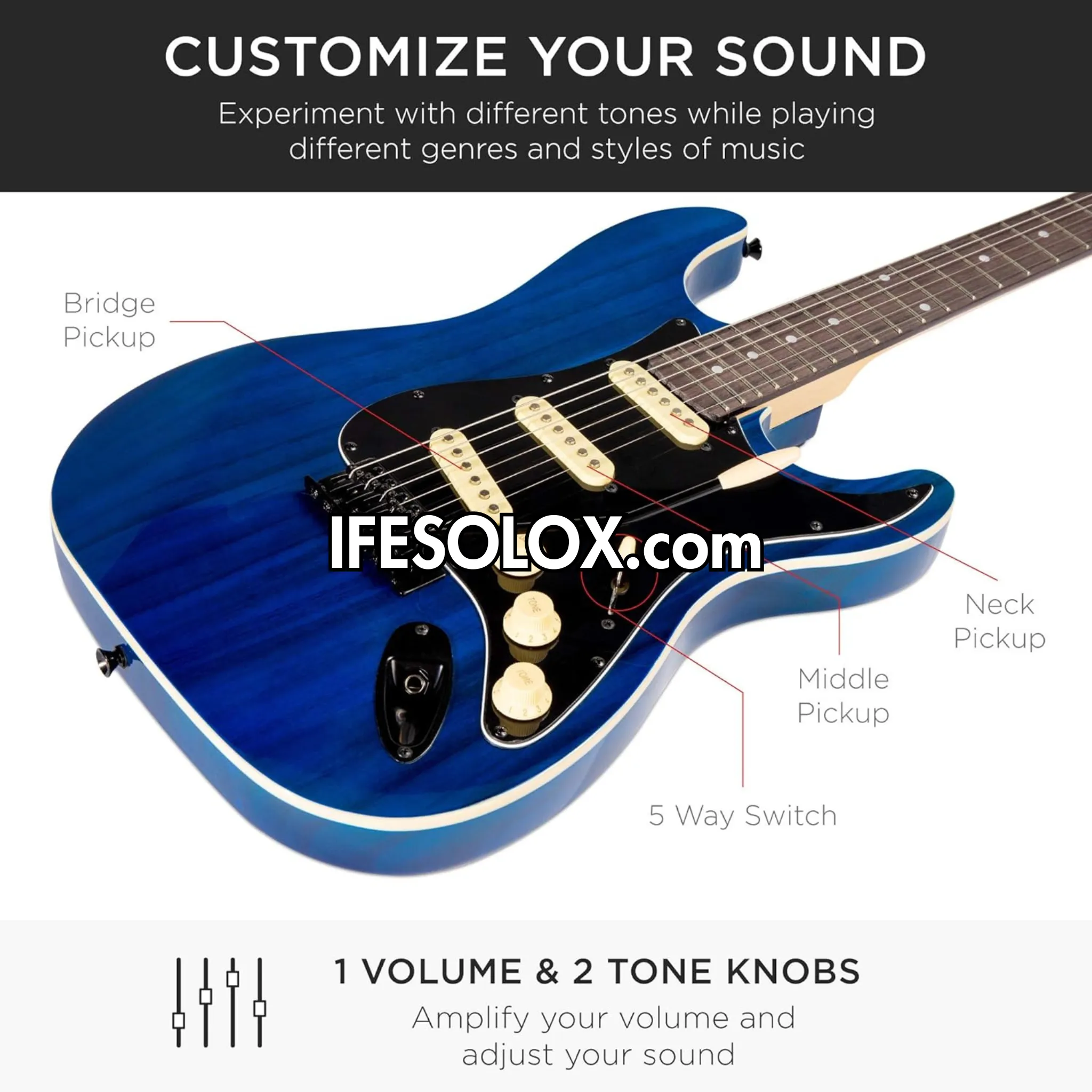 Classic 39" Navy-Blue 6-String 22-Flet Electric Lead Guitar with 3 Control Knob - Brand New