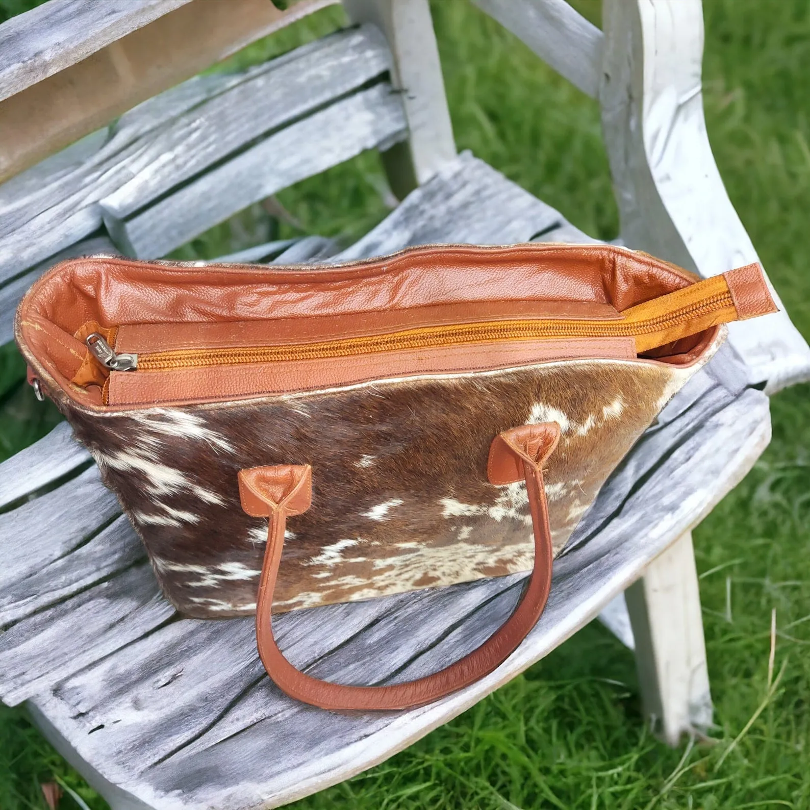 Cowhide Purse Tote Speckled Brown White