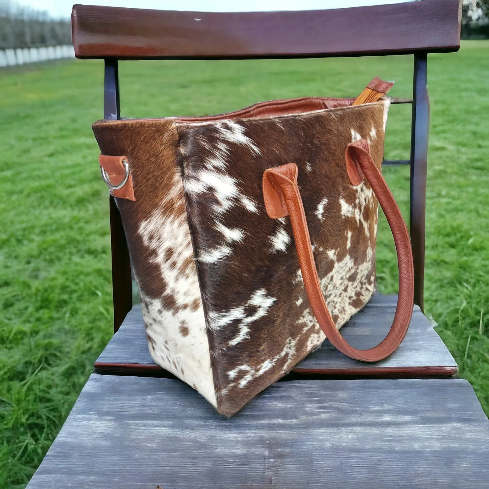 Cowhide Purse Tote Speckled Brown White