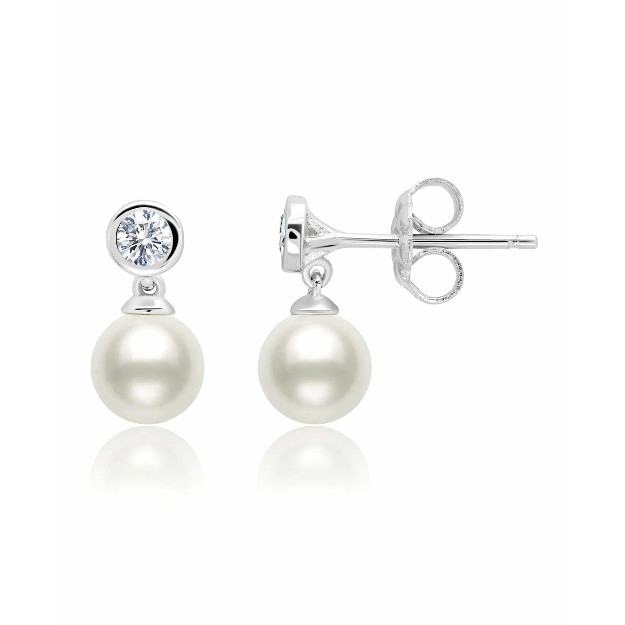 CRISLU Genuine Pearl Drop Earring  with Bezel Set Cubic Zirconia In Pure Platinum
