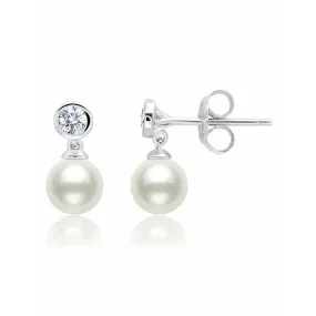 CRISLU Genuine Pearl Drop Earring  with Bezel Set Cubic Zirconia In Pure Platinum