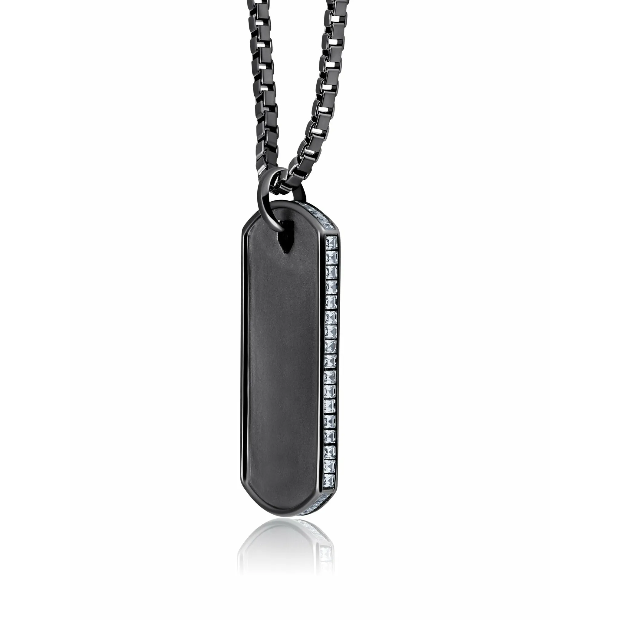 Crislu Mens Matte Box Chain Dog Tag  Necklace with Baguette CZ In Black Rhodium