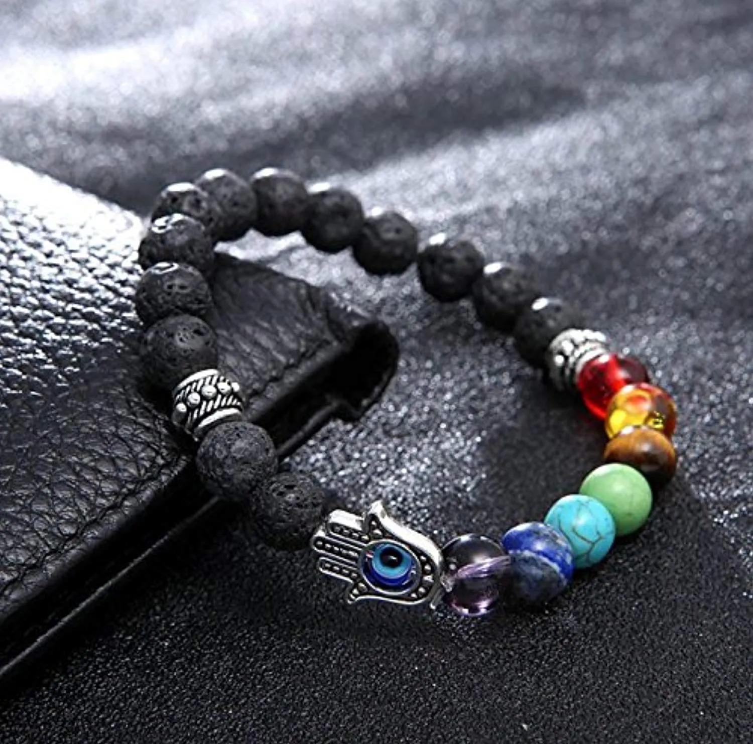 Electomania Lava Stone 7 Chakra Hamsa Hand Evil Eye Healing Yoga Beads Strand Bracelet Black 8mm