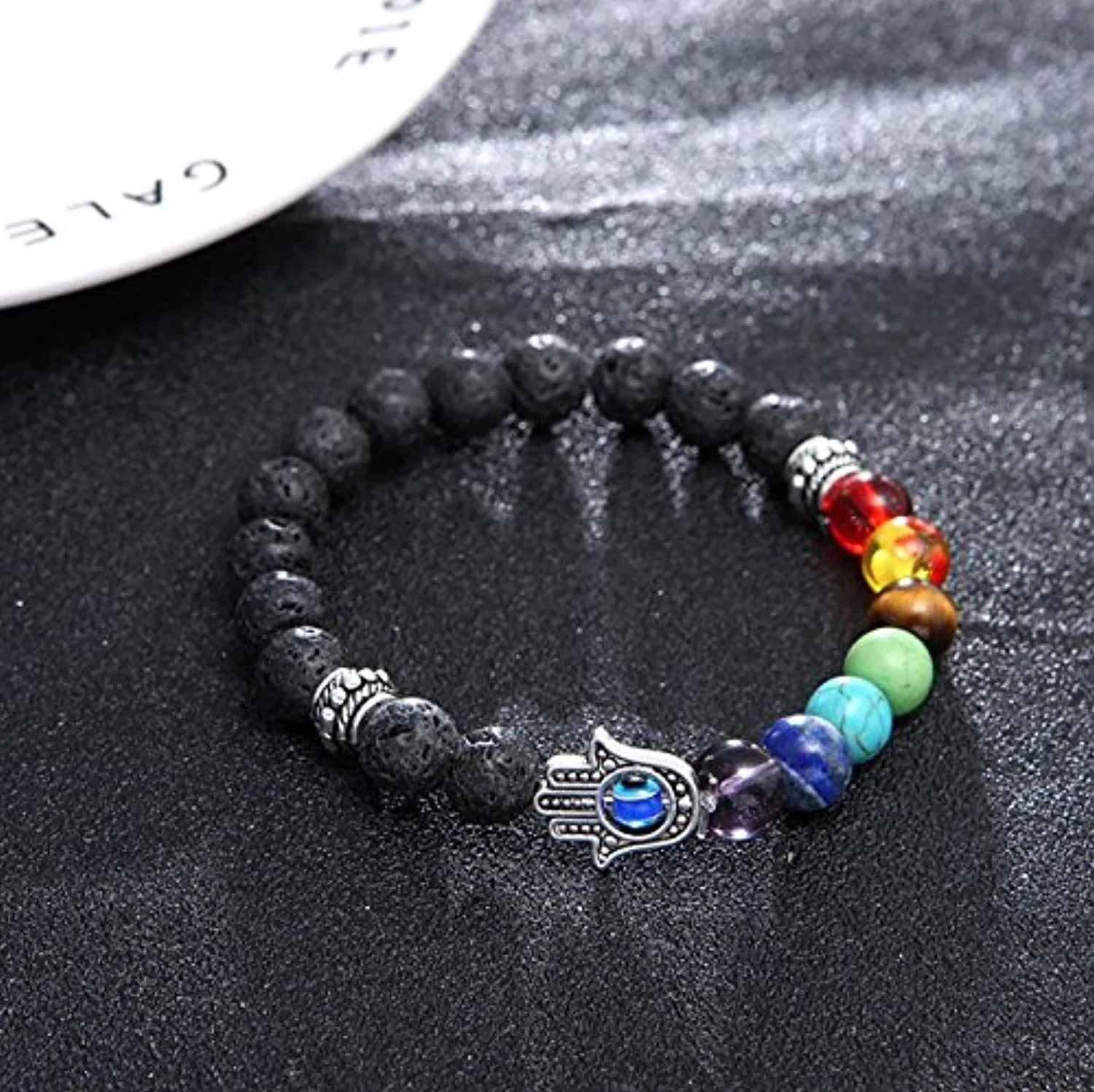 Electomania Lava Stone 7 Chakra Hamsa Hand Evil Eye Healing Yoga Beads Strand Bracelet Black 8mm