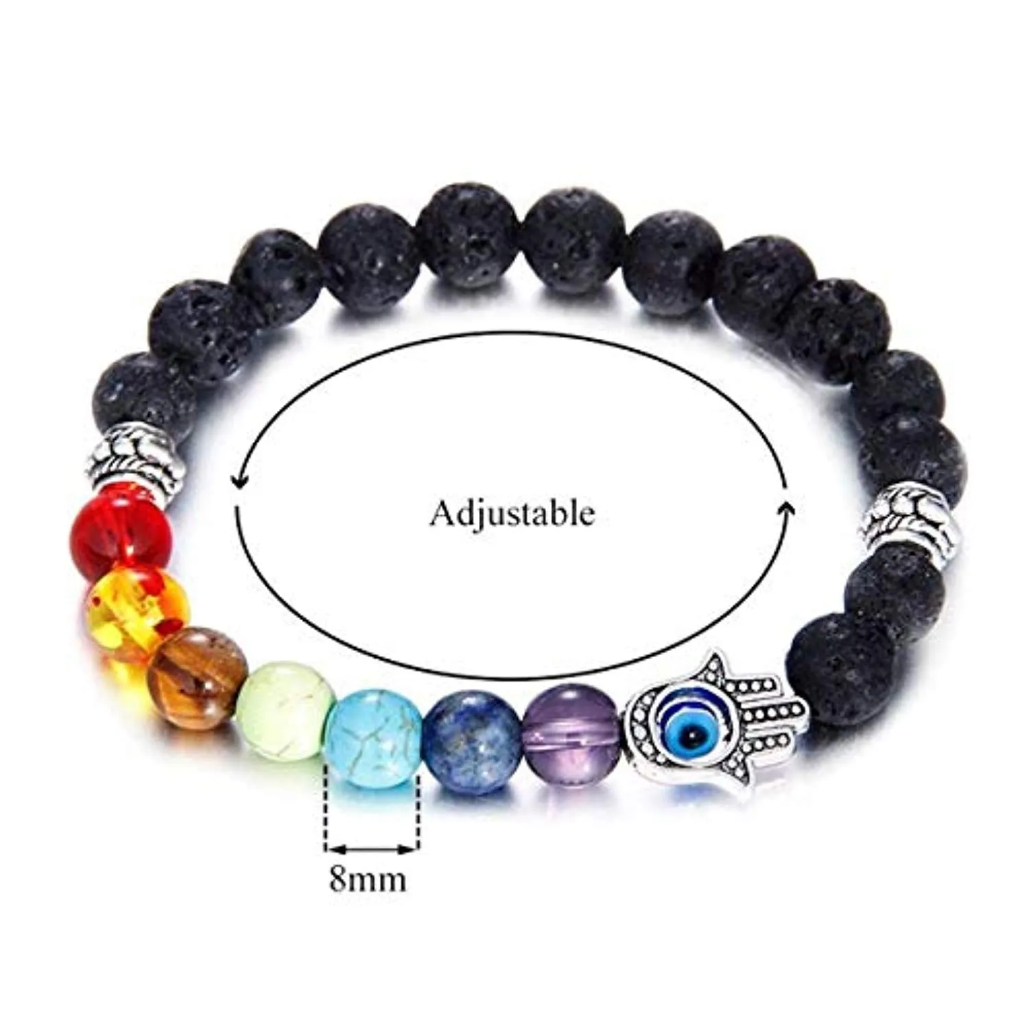 Electomania Lava Stone 7 Chakra Hamsa Hand Evil Eye Healing Yoga Beads Strand Bracelet Black 8mm