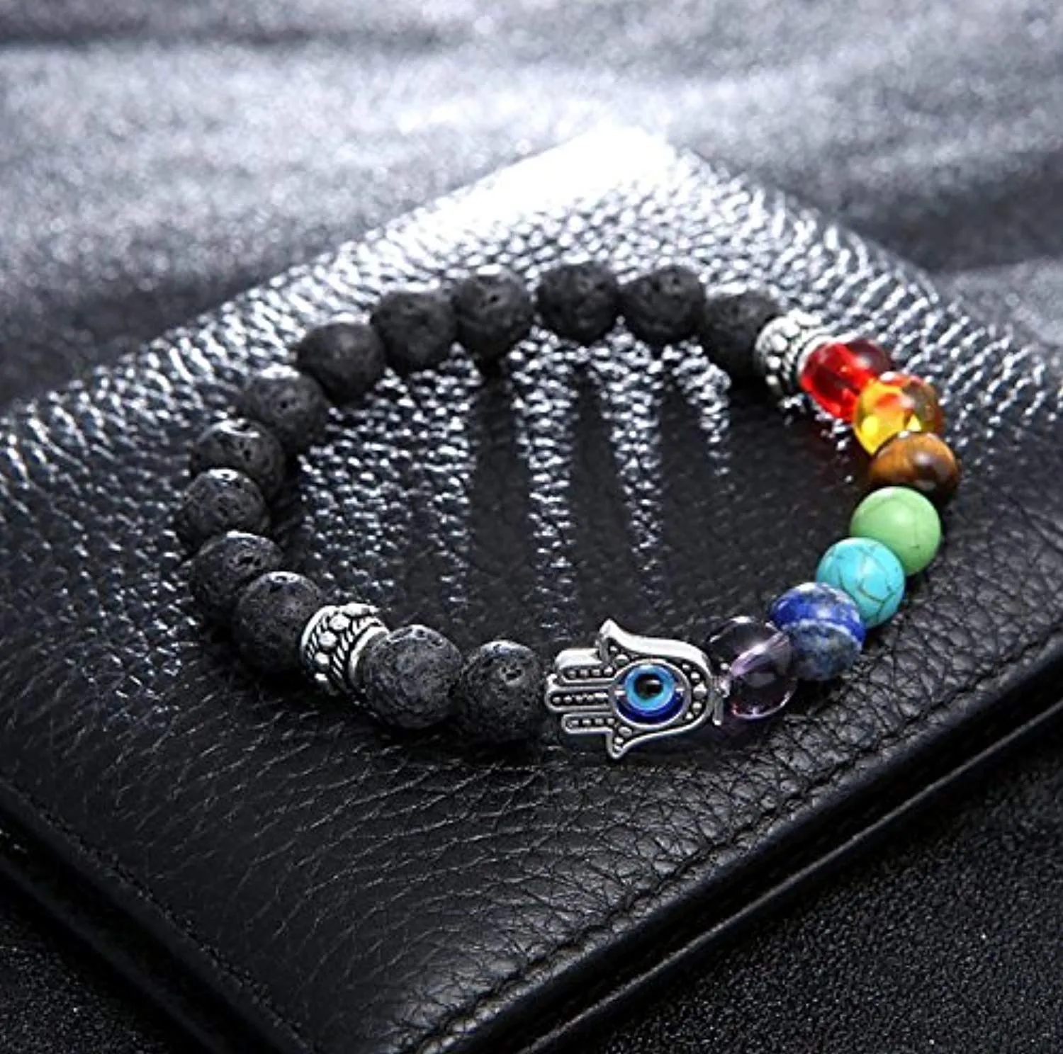 Electomania Lava Stone 7 Chakra Hamsa Hand Evil Eye Healing Yoga Beads Strand Bracelet Black 8mm