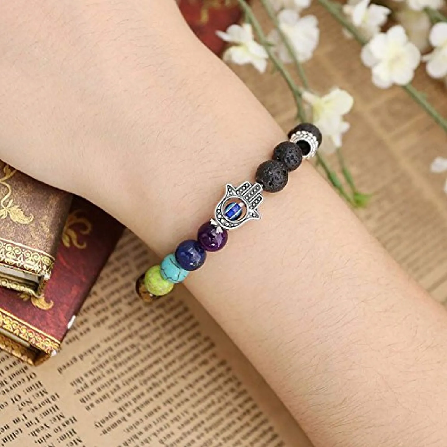 Electomania Lava Stone 7 Chakra Hamsa Hand Evil Eye Healing Yoga Beads Strand Bracelet Black 8mm