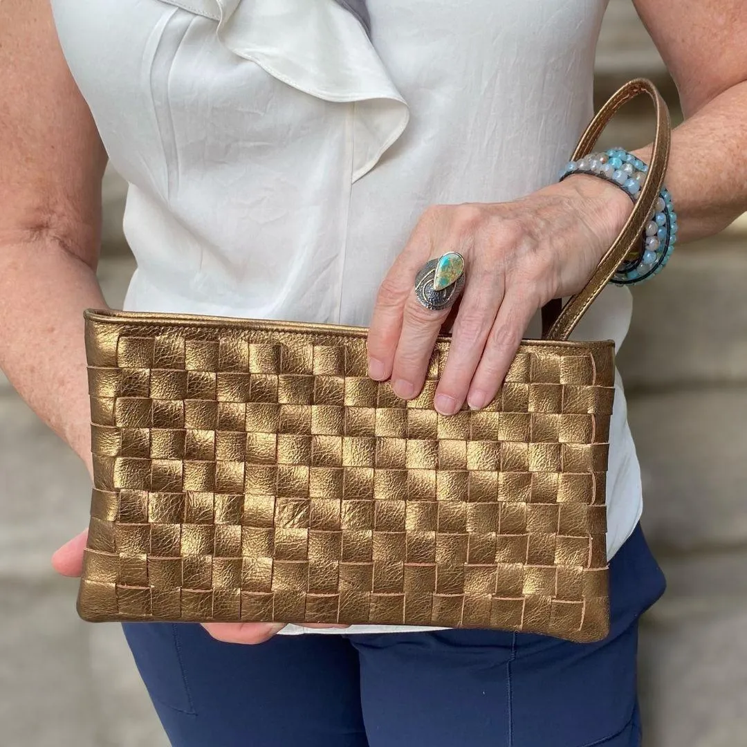 Elegant Handmade Woven Zip Wristlet Leather Bag