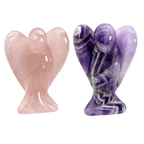 favoramulet 2Pcs Crystal Guardian Angel Statues, Hand Carved Healing Crystals Pocket Stone Figurines Decoration 1.5", Amethyst & Rose Quartz