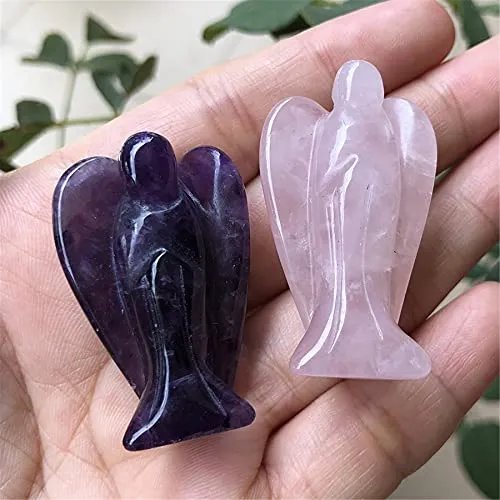 favoramulet 2Pcs Crystal Guardian Angel Statues, Hand Carved Healing Crystals Pocket Stone Figurines Decoration 1.5", Amethyst & Rose Quartz