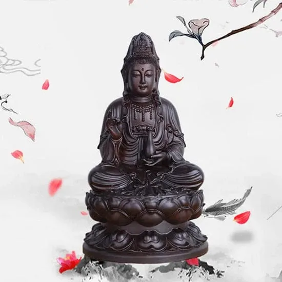 Feng Shui Sandalwood Hand Carved Buddha Guanyin Statue Seating On Lotus Flower Symbol of Compassion and Mercy and Healing