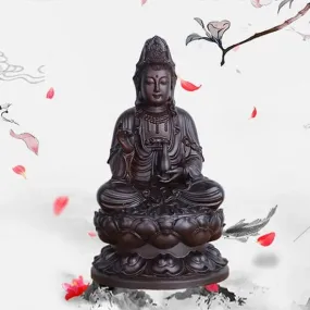 Feng Shui Sandalwood Hand Carved Buddha Guanyin Statue Seating On Lotus Flower Symbol of Compassion and Mercy and Healing