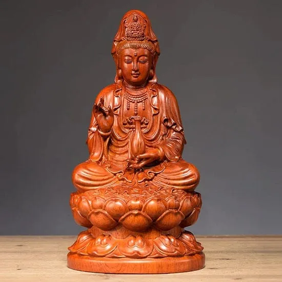 Feng Shui Sandalwood Hand Carved Buddha Guanyin Statue Seating On Lotus Flower Symbol of Compassion and Mercy and Healing
