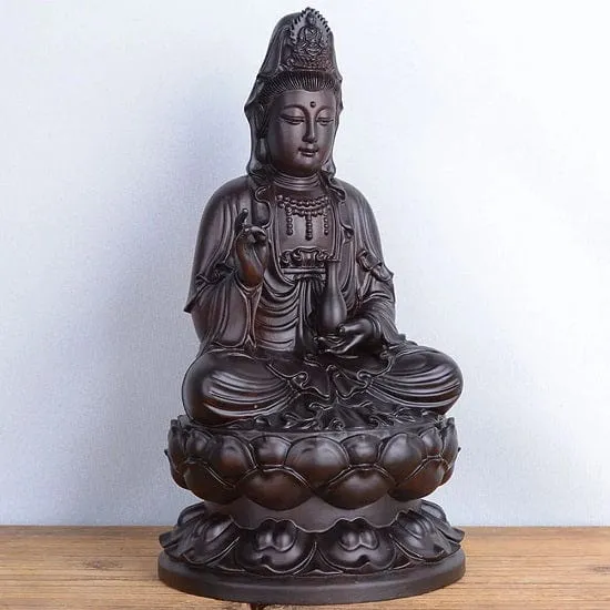 Feng Shui Sandalwood Hand Carved Buddha Guanyin Statue Seating On Lotus Flower Symbol of Compassion and Mercy and Healing