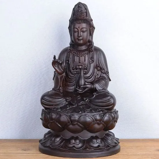 Feng Shui Sandalwood Hand Carved Buddha Guanyin Statue Seating On Lotus Flower Symbol of Compassion and Mercy and Healing