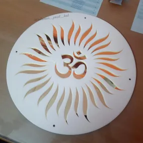 Glossy White and Golden Mirror Acrylic Laser Cut Hindi Om Sun Wall Art, Aum Wall Art For Puja Room, Temple, Meditation, Yoga Room, Mandir (18 x 18 inches)