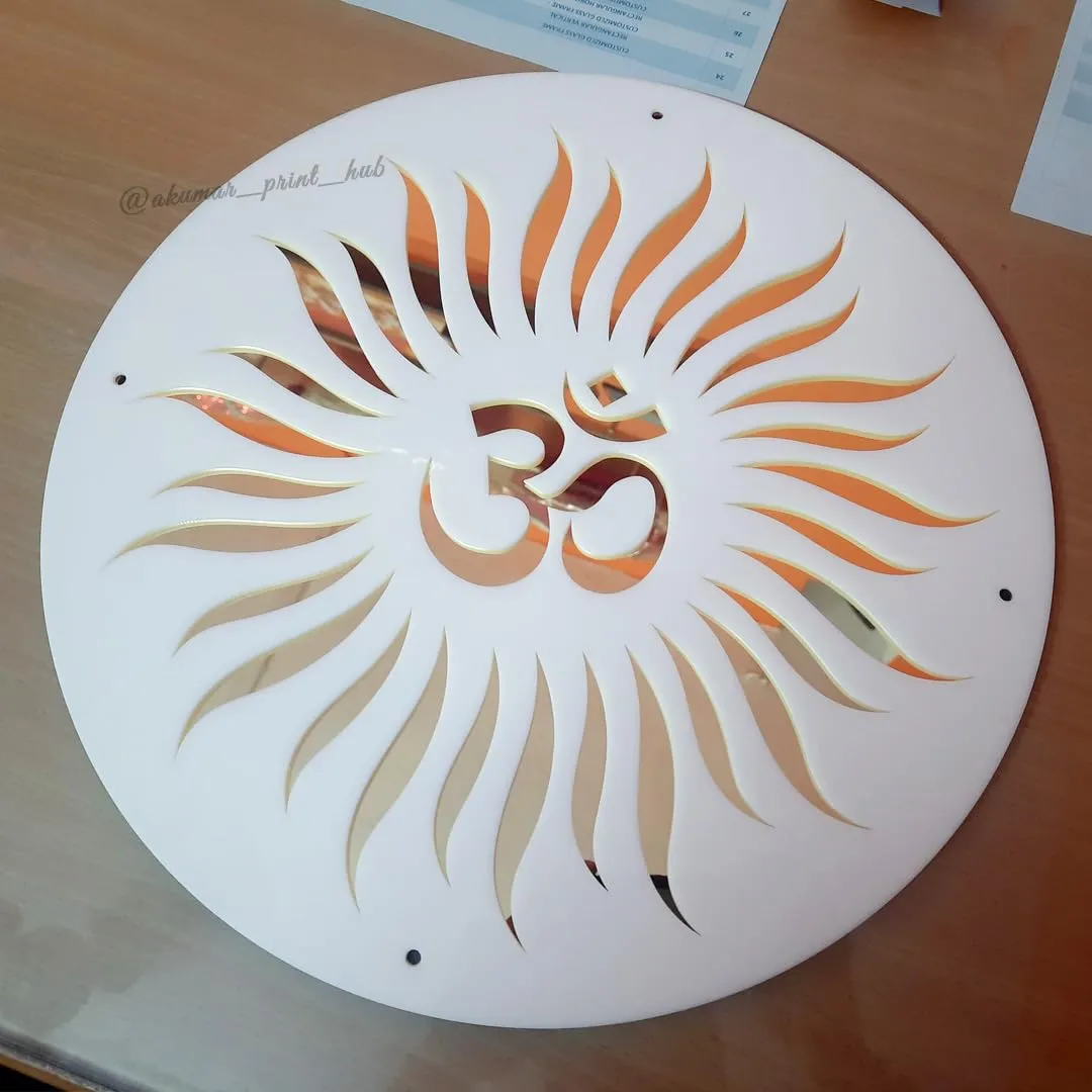 Glossy White and Golden Mirror Acrylic Laser Cut Hindi Om Sun Wall Art, Aum Wall Art For Puja Room, Temple, Meditation, Yoga Room, Mandir (18 x 18 inches)
