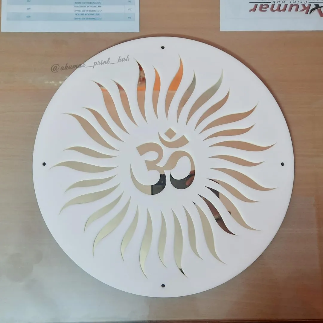 Glossy White and Golden Mirror Acrylic Laser Cut Hindi Om Sun Wall Art, Aum Wall Art For Puja Room, Temple, Meditation, Yoga Room, Mandir (18 x 18 inches)