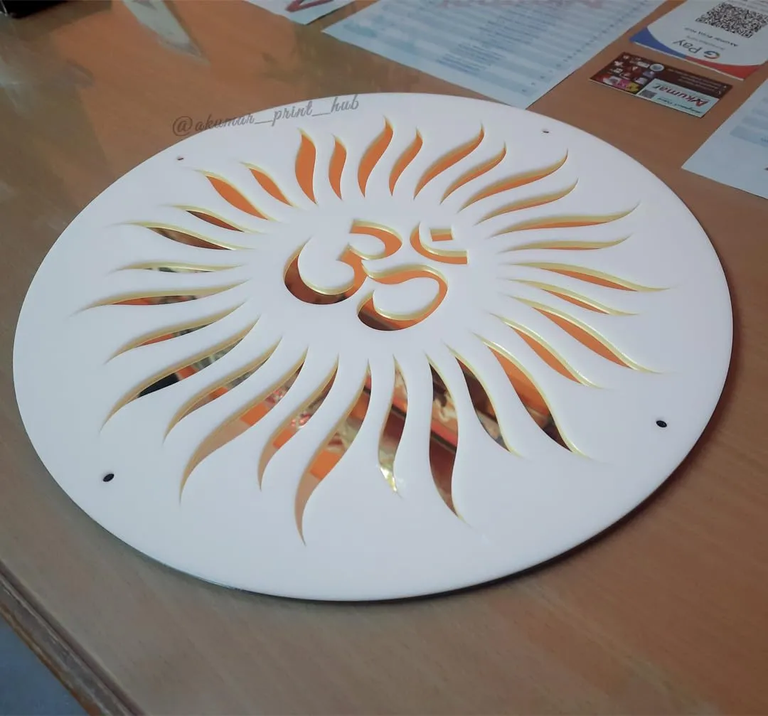 Glossy White and Golden Mirror Acrylic Laser Cut Hindi Om Sun Wall Art, Aum Wall Art For Puja Room, Temple, Meditation, Yoga Room, Mandir (18 x 18 inches)