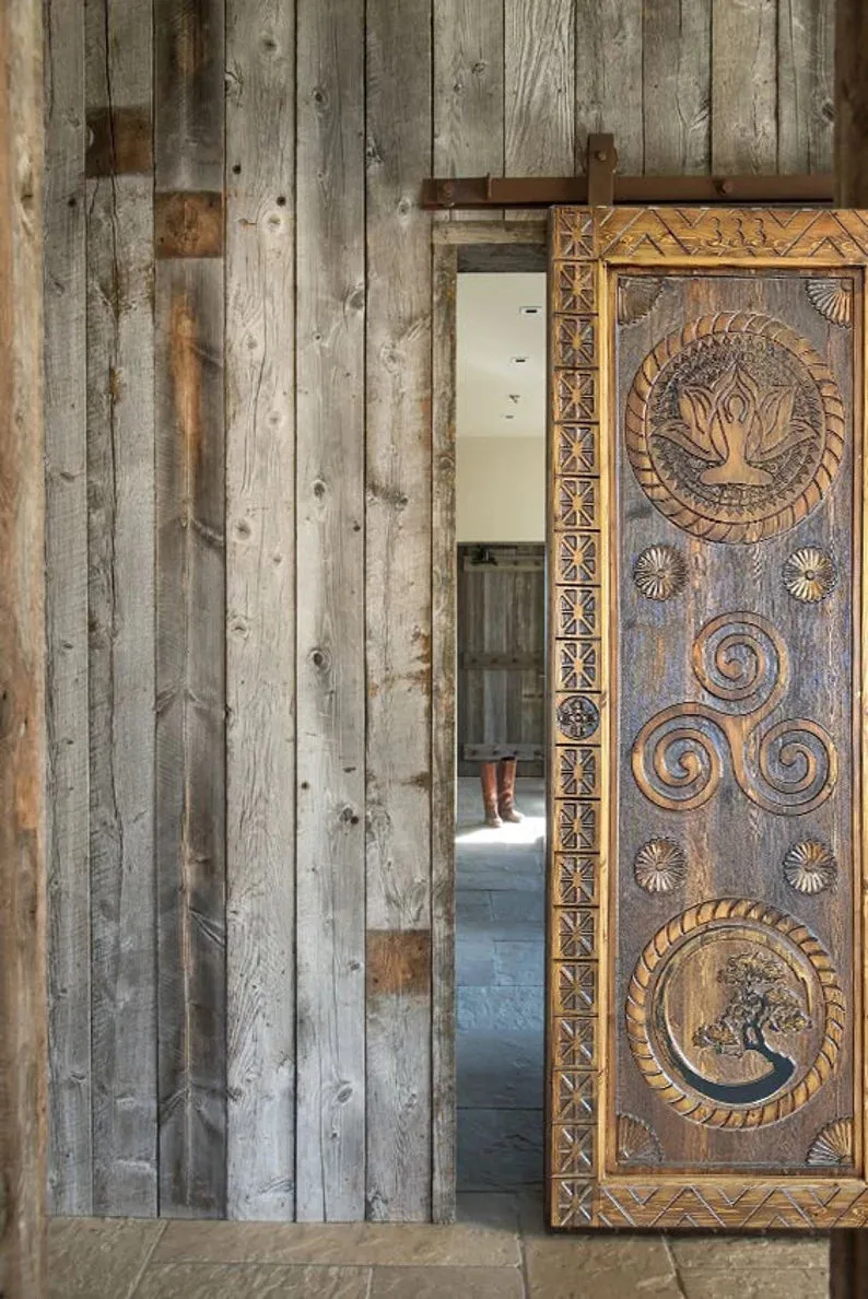 Hand-Carved Yoga Barn Door Solid Mango Wood Custom Made Wooden interior Exterior Doors Front Door Wall Decor