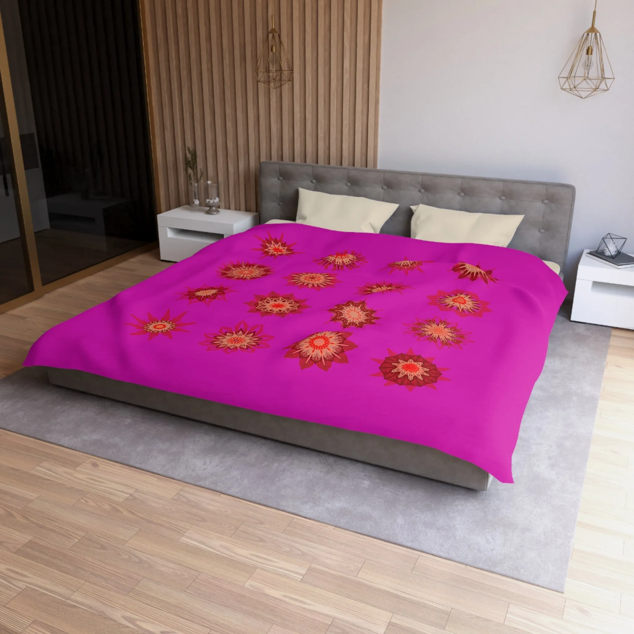 Handmade Mandala Art Microfiber Duvet Cover - Vibrant Fuchsia Background
