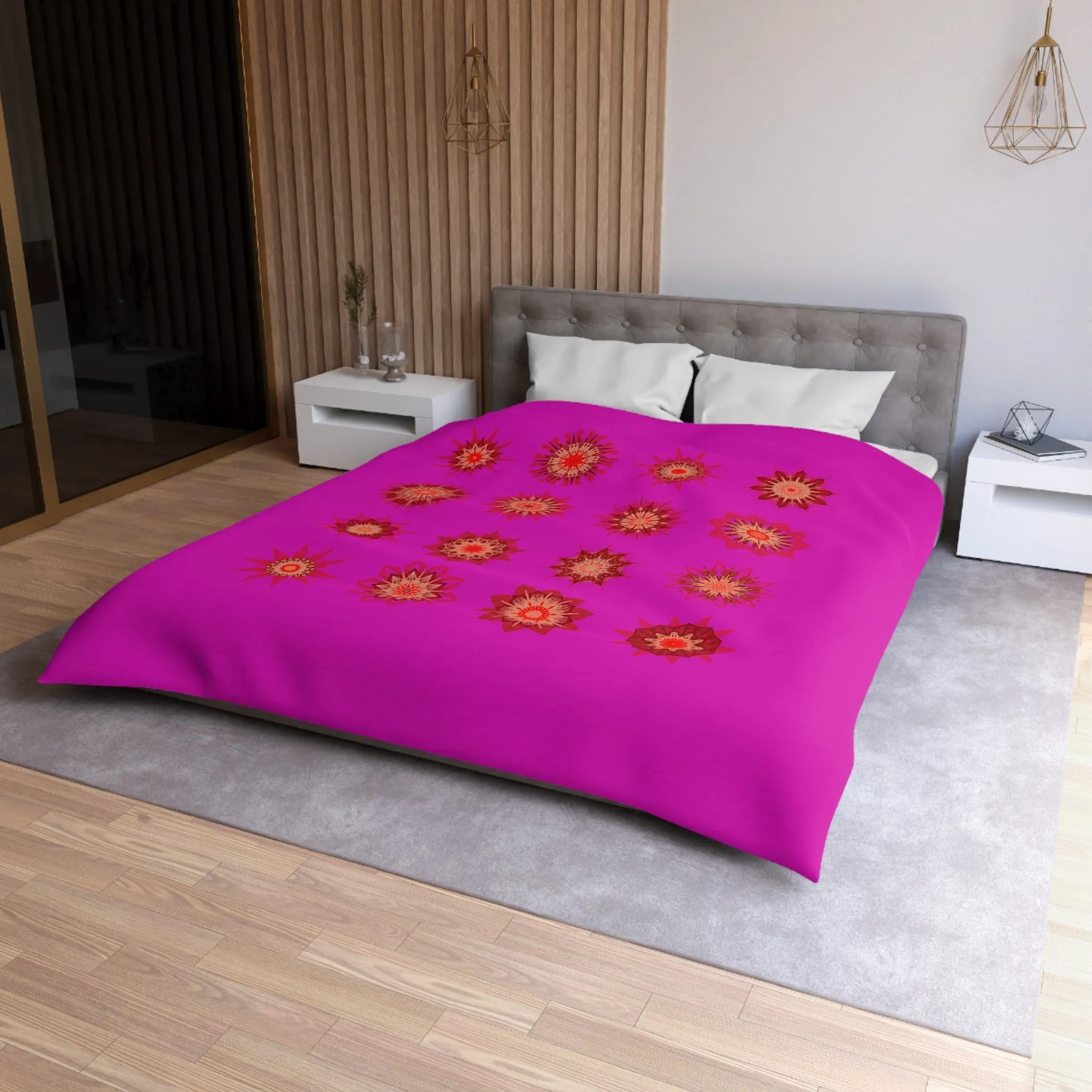 Handmade Mandala Art Microfiber Duvet Cover - Vibrant Fuchsia Background