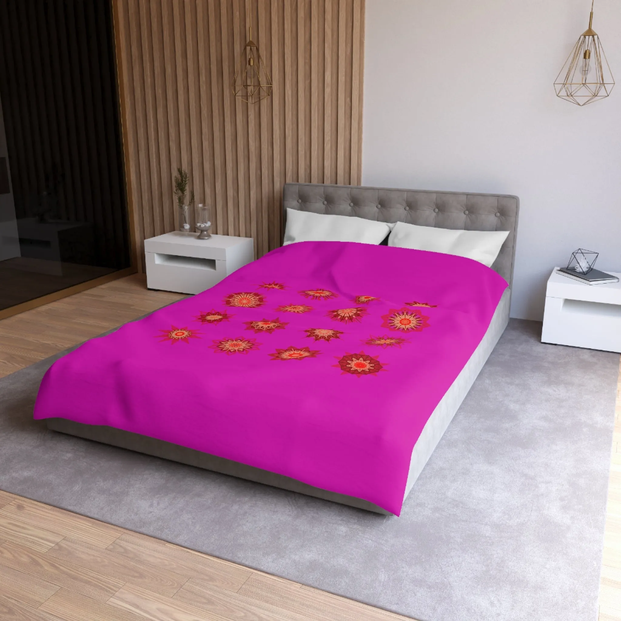 Handmade Mandala Art Microfiber Duvet Cover - Vibrant Fuchsia Background