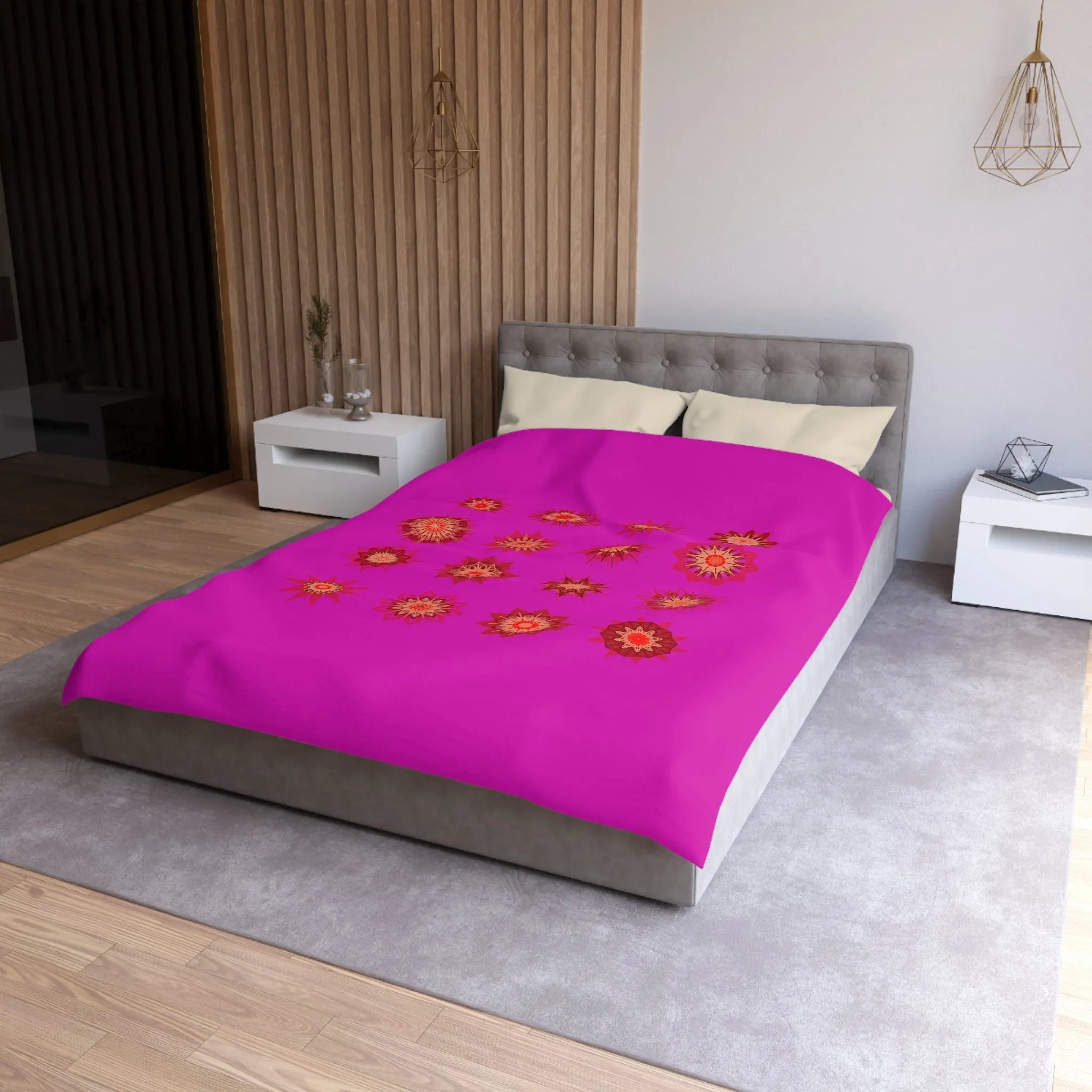 Handmade Mandala Art Microfiber Duvet Cover - Vibrant Fuchsia Background