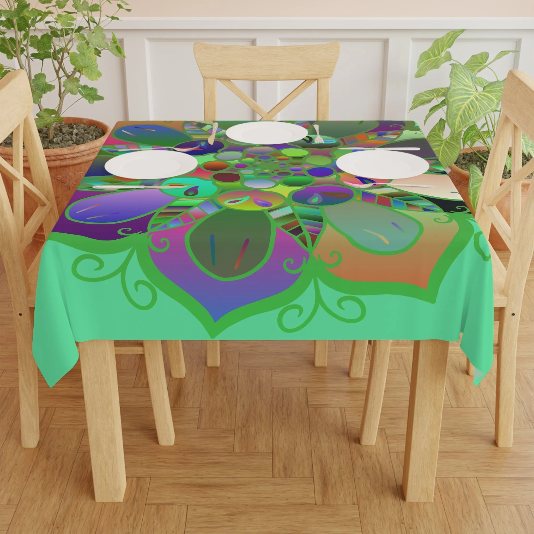 Handmade Mandala Art Tablecloth, Light Fluo Green Square