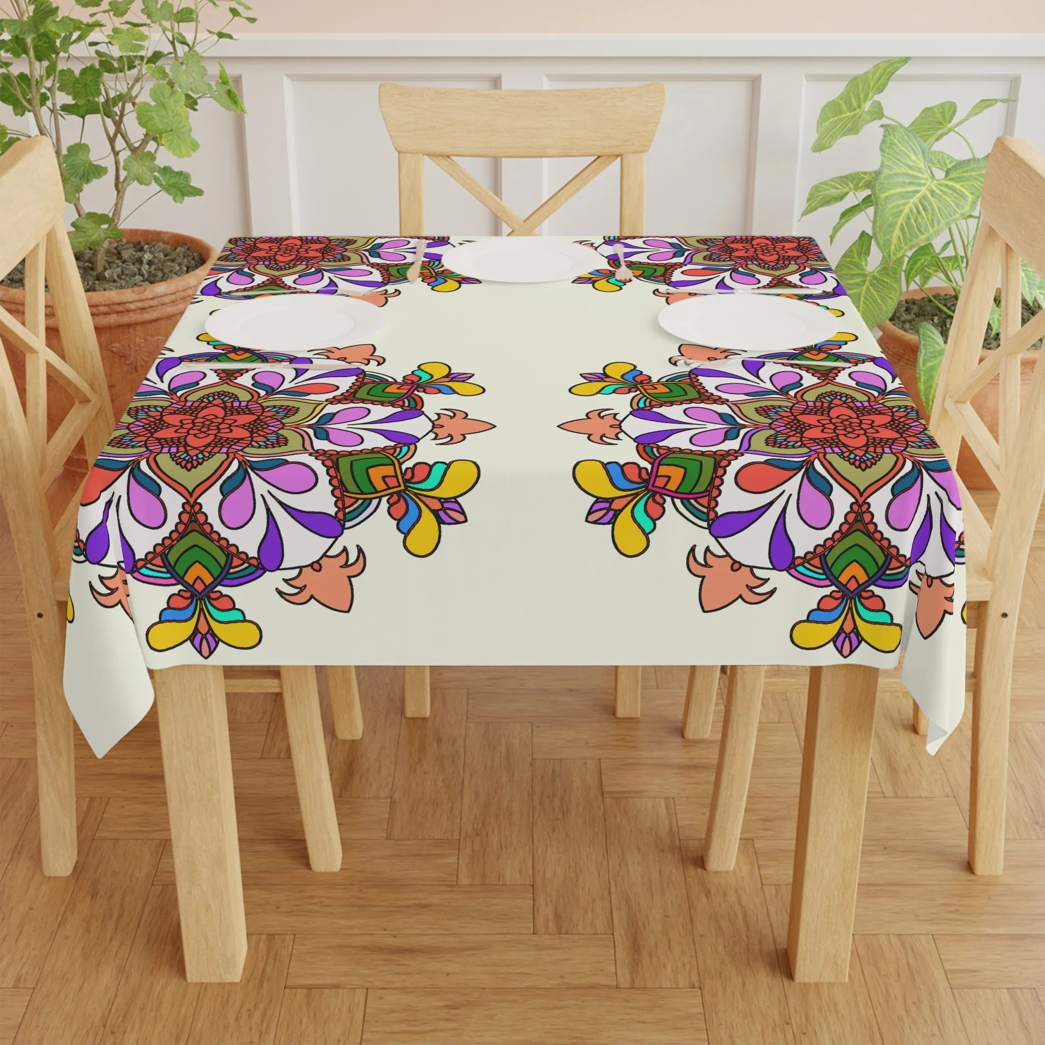 Handmade Mandala Design Tablecloth, Ivory Square
