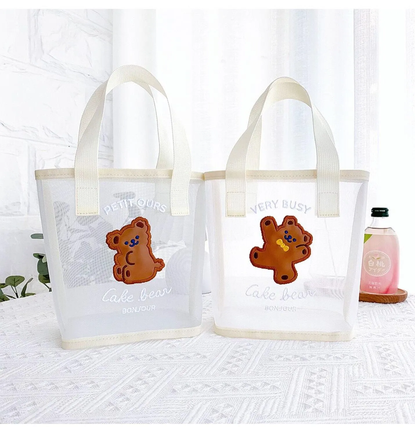 Kawaii Transparent Mesh Bear Shopping Tote Bag