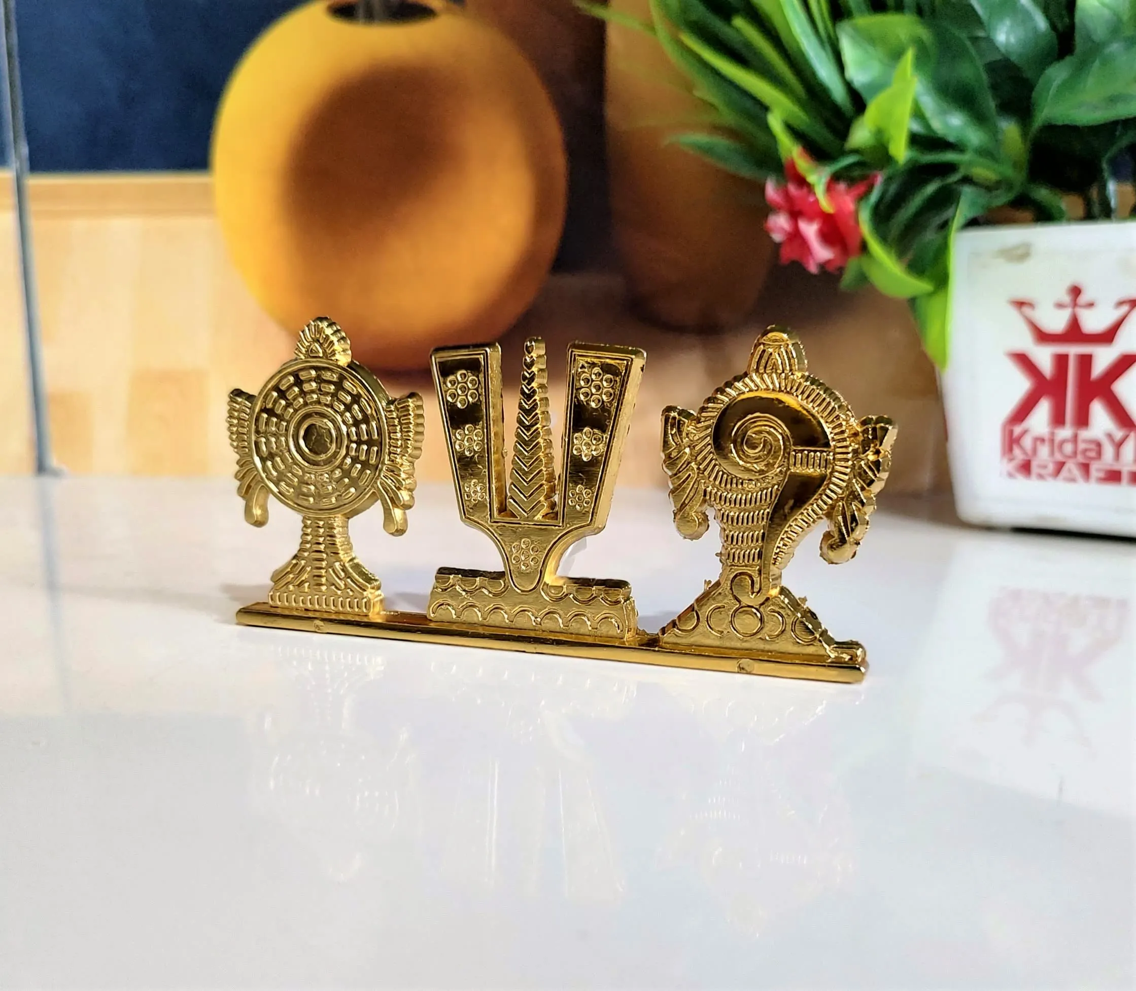 KridayKraft Tirupati Balaji Symbol Stand Shankh Chakra Namah Gold Plating Antique Decorative for Car Dashboard Home & Office Table Showpiece Figurines,Religious Gift Idol...
