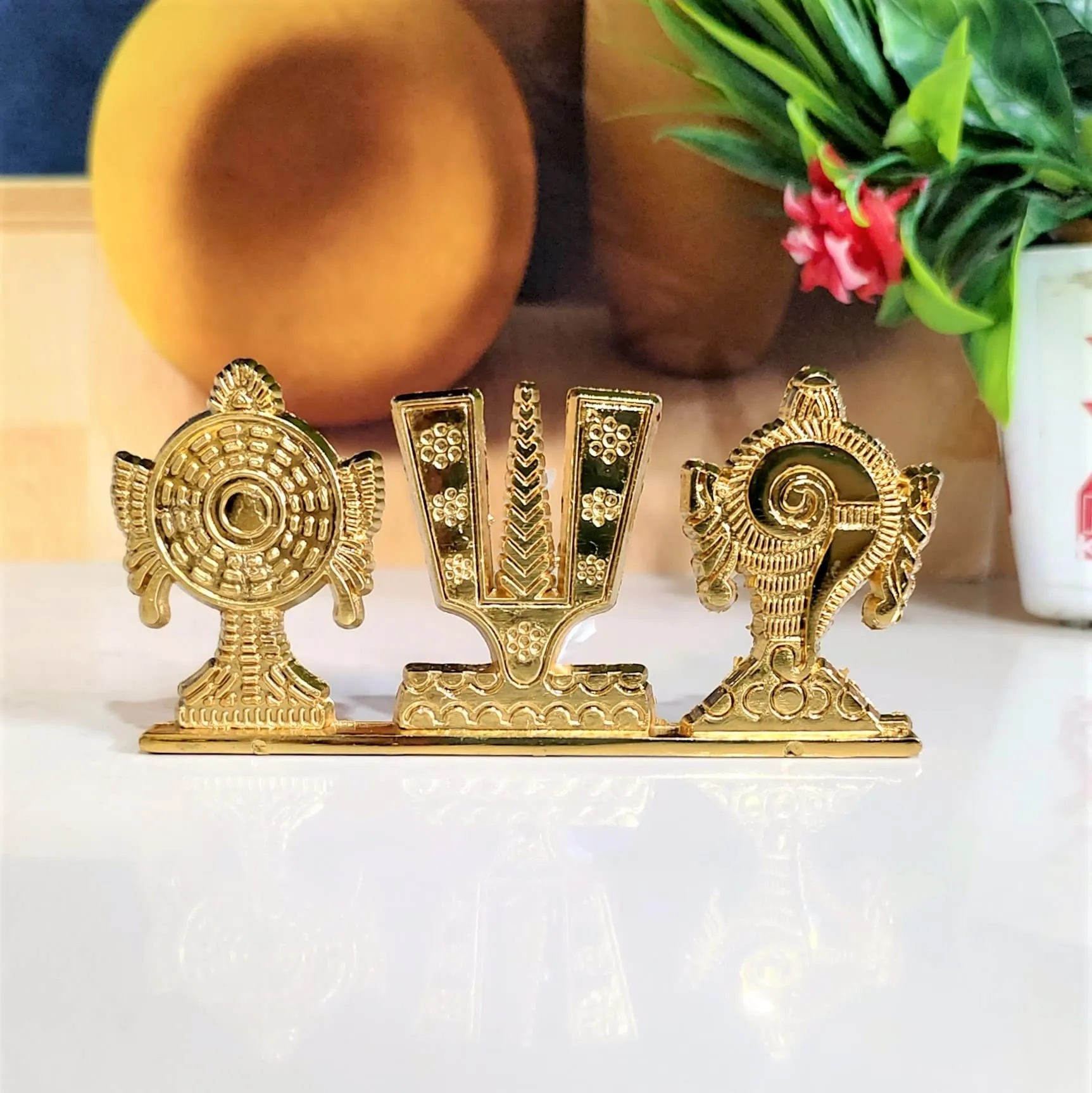 KridayKraft Tirupati Balaji Symbol Stand Shankh Chakra Namah Gold Plating Antique Decorative for Car Dashboard Home & Office Table Showpiece Figurines,Religious Gift Idol...